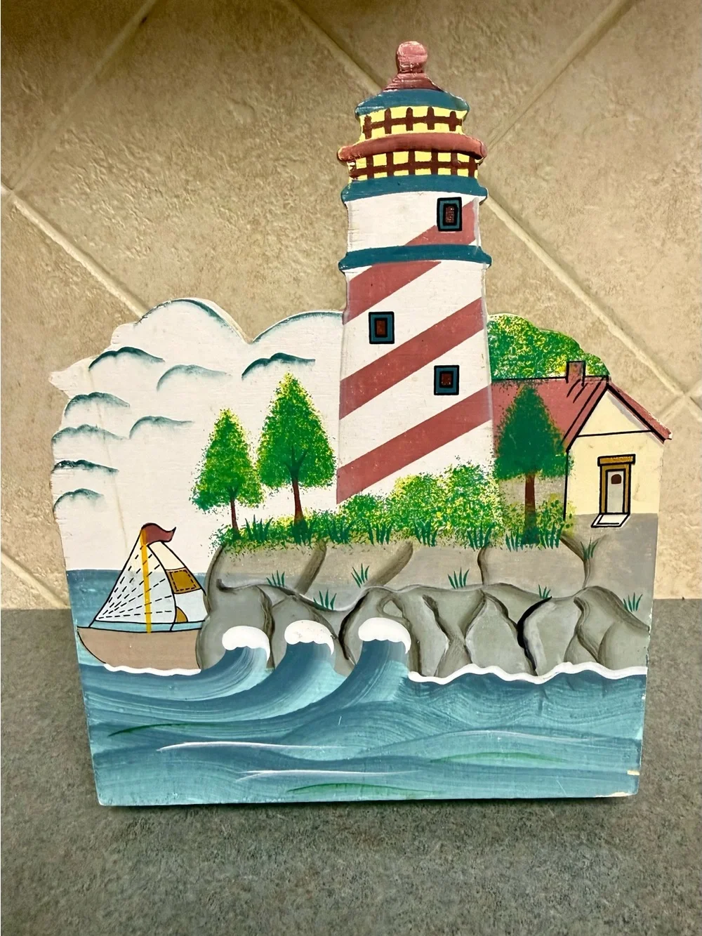 Vintage Hand-Painted Lighthouse Wooden Coastal Stationary Organizer